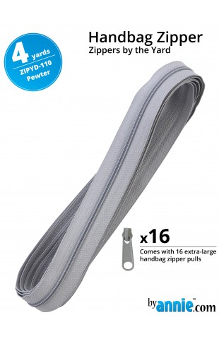 ZIPYD-110-PEWTER, Zippers Pewter, 4 yards (3,6 meter) 16 extra large zipper pulls ByAnnie