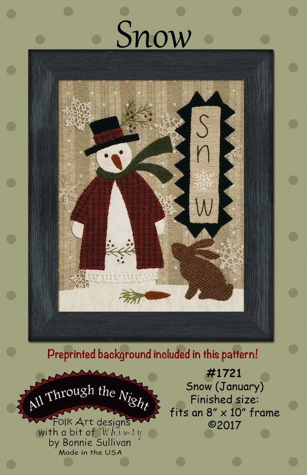 KITATTNCOMPLETE, Block of the month kit including all 12 months, Patterns, Pre-printed background fabric, Applique Woolies, Steam a seam and DMC by Bonnie Sullivan (All through the Night)