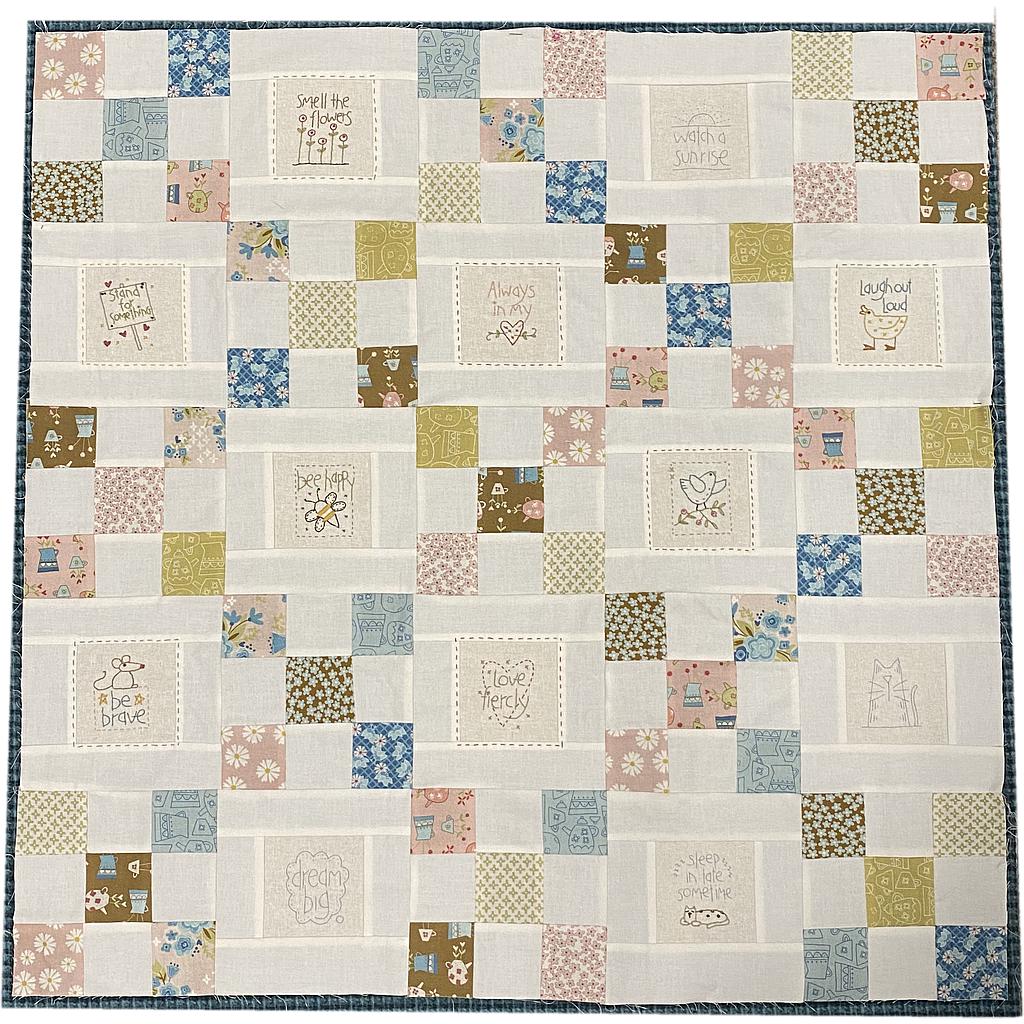 KIT-HAPPYQUILT, Happy Quilt kit, including fabric for top and binding, stitchery panel and Cosmo stitching thread, finished size 30" x 30" (75cm x 75cm)