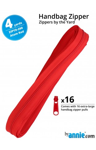 ZIPYD-260-ATOM RED, Zippers Atom Red, 4 yards (3,6 meter) 16 extra large zipper pulls ByAnnie